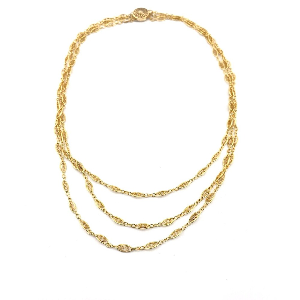 Triple Strand Filigree Link Gold Filled Necklace Vermeil Clasp 16 1/4 In